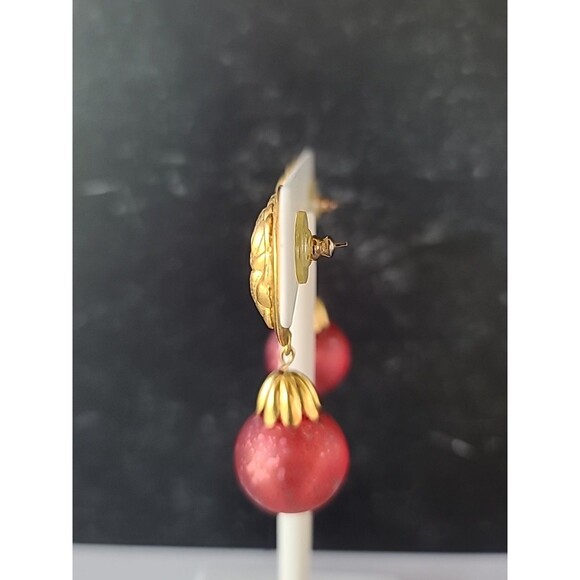 Carol Dauplaise Gold Tone And Red Floral Dangling Pierced Earrings Vintage - Picture 7 of 10